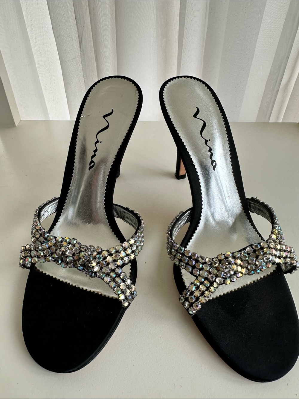 Nina Black Heeled Sandals with Multi-Color Crystal Straps